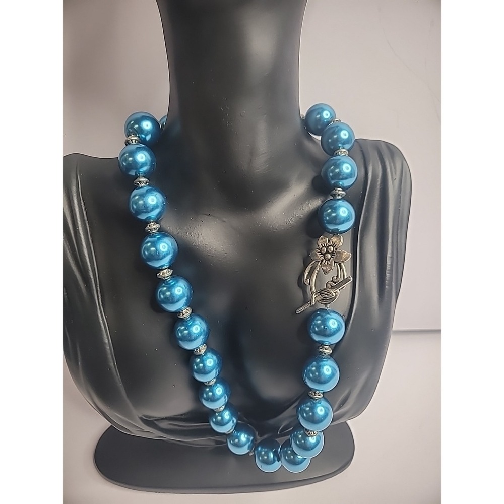 Vintage Blue Beaded Silver Tone Toggle Clasp Jewelry Costume
